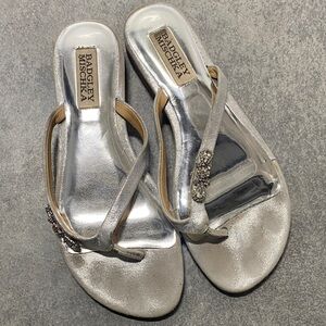 Badgley Mischka Silver Leather Thong Sandals with Rhinestone Detail 6